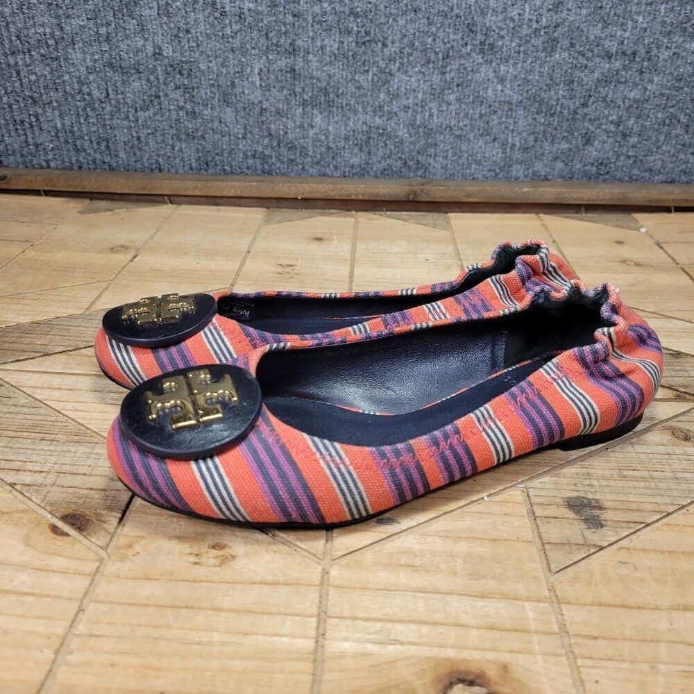 Tory Burch Reva Bauer 5.5M Ballet Flats Slip On Shoes Red Multi Stripe Canvas - Picture 2 of 11